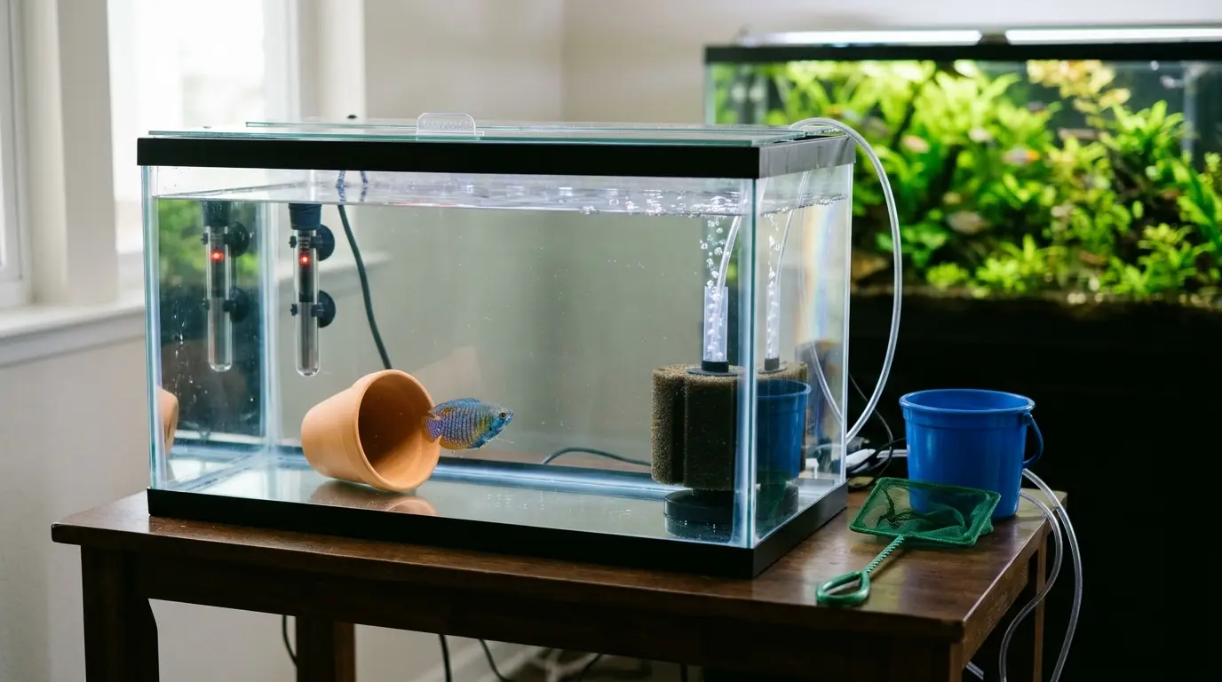 New aquarium fish being observed in a simple quarantine tank with a heater, filter, cover, and hiding place.