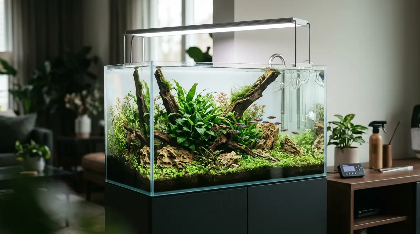 Planted aquarium with a programmable aquarium light and timer set for a controlled daily lighting period.