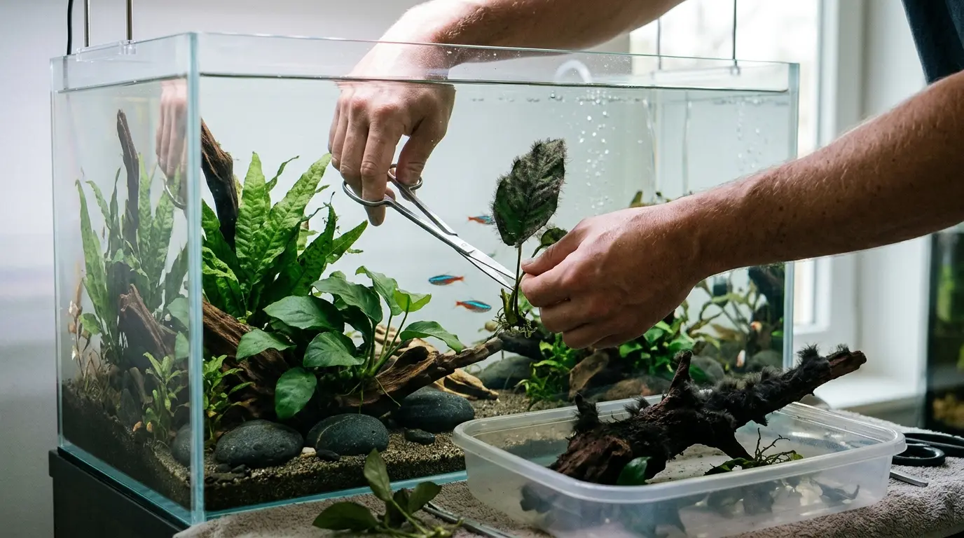Aquarist trimming an algae-covered aquarium leaf and cleaning driftwood during black beard algae removal.