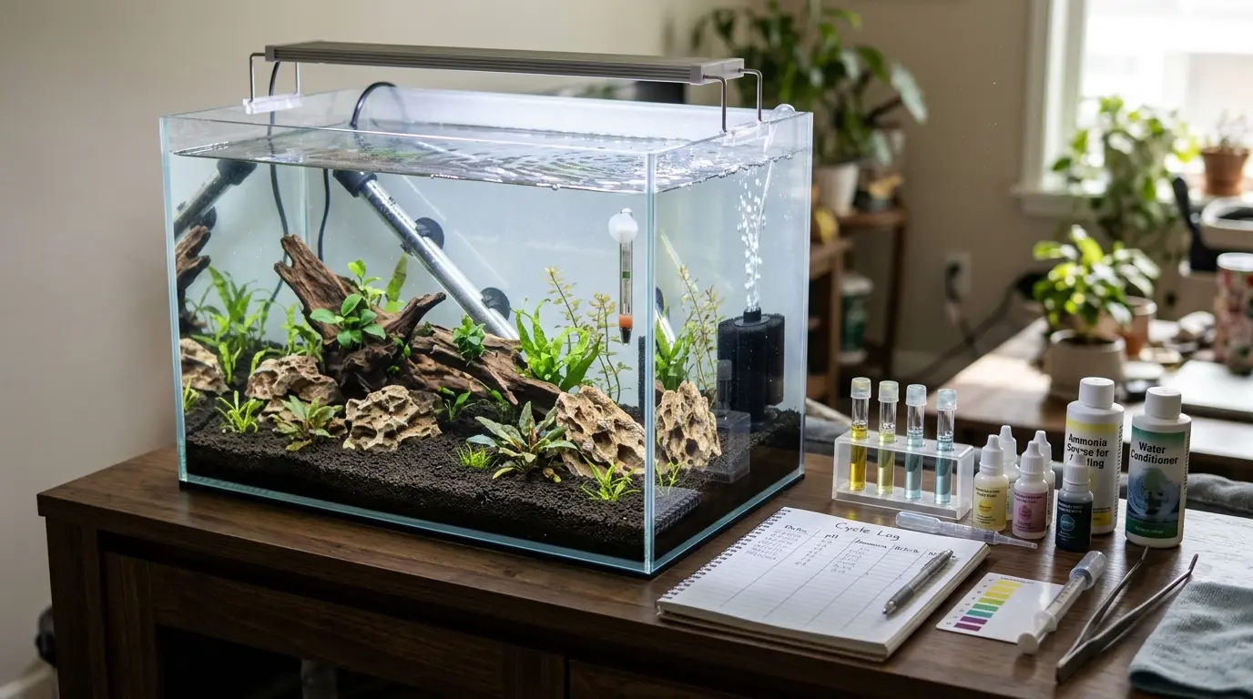 New aquarium undergoing fishless cycling with an operating filter, heater, ammonia source, and water test equipment.