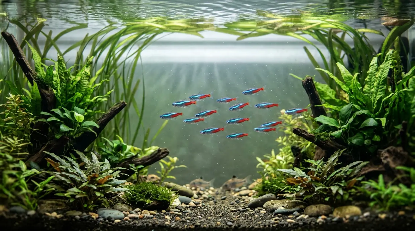 Large natural school of peaceful tetras swimming together in a spacious planted 55-gallon aquarium.