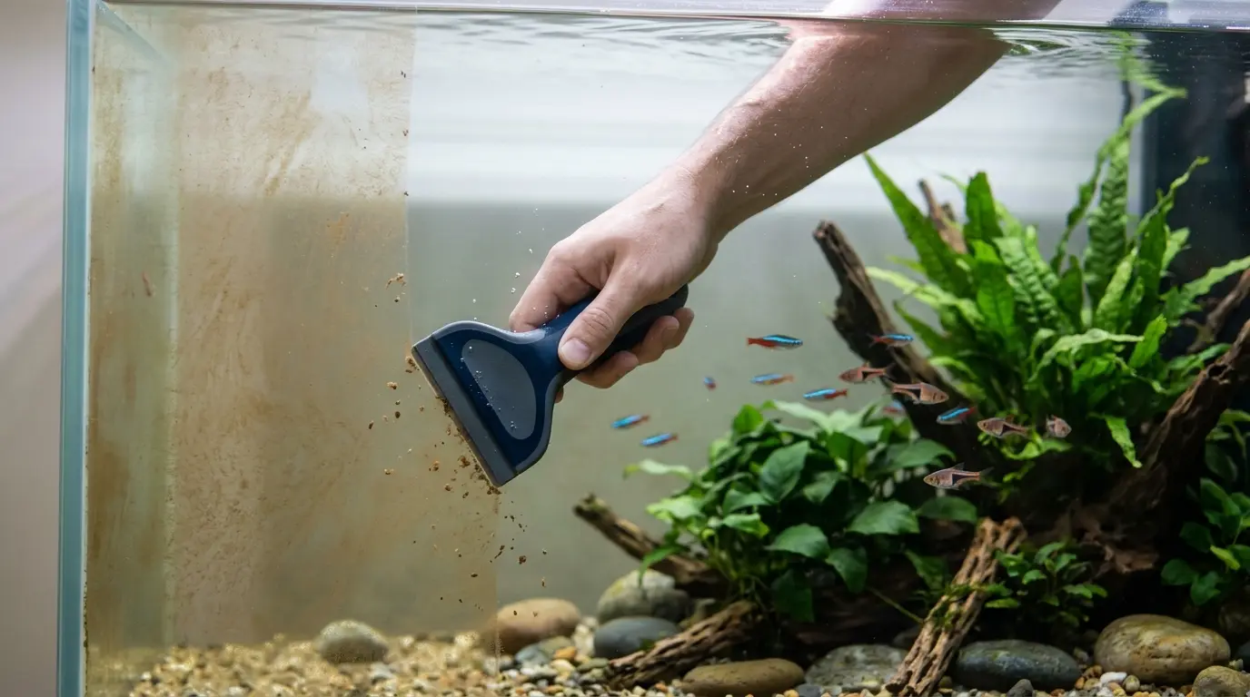 Aquarist removing a dusty brown diatom film from freshwater aquarium glass with an algae scraper.