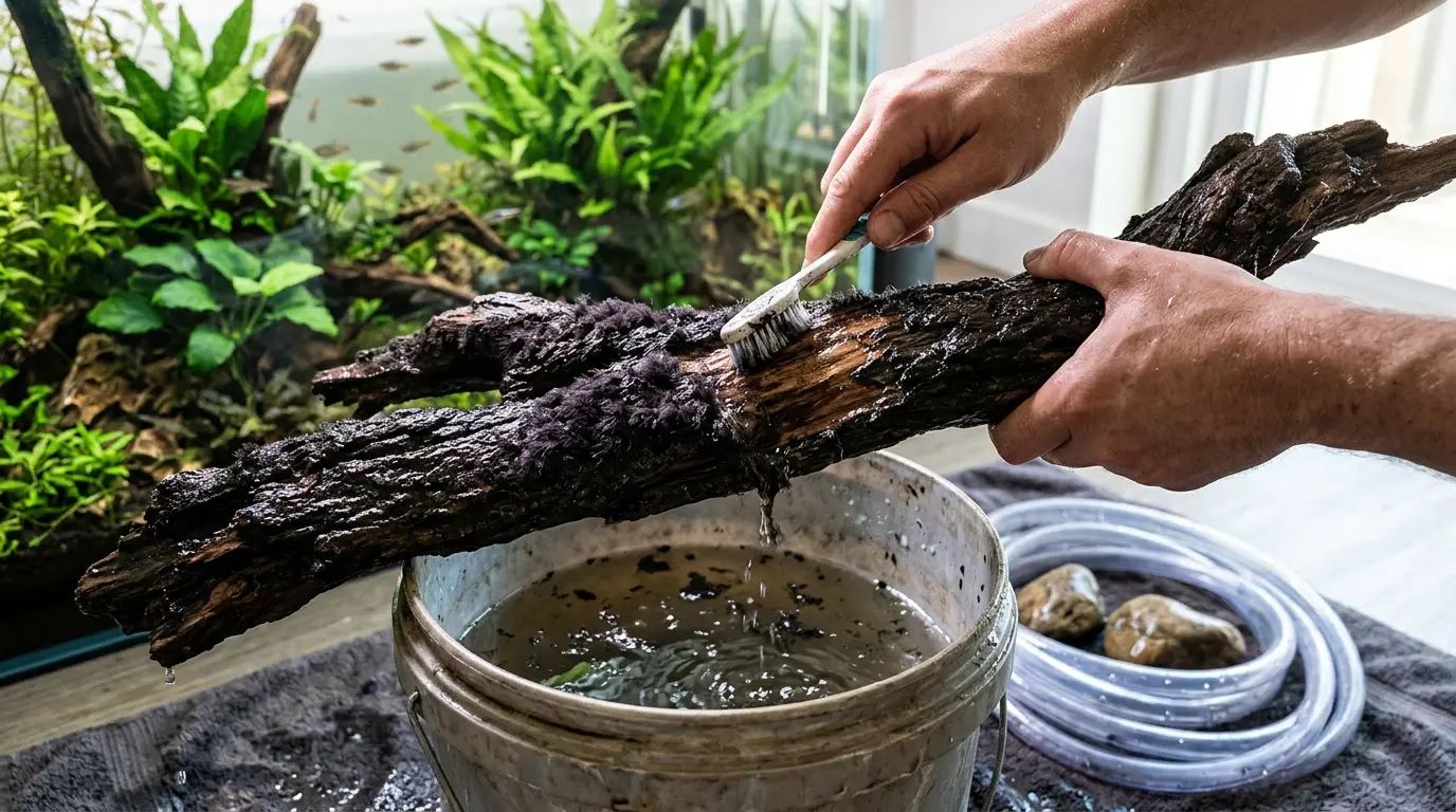Aquarist brushing black beard algae from aquarium driftwood while siphoning loosened debris during a water change.