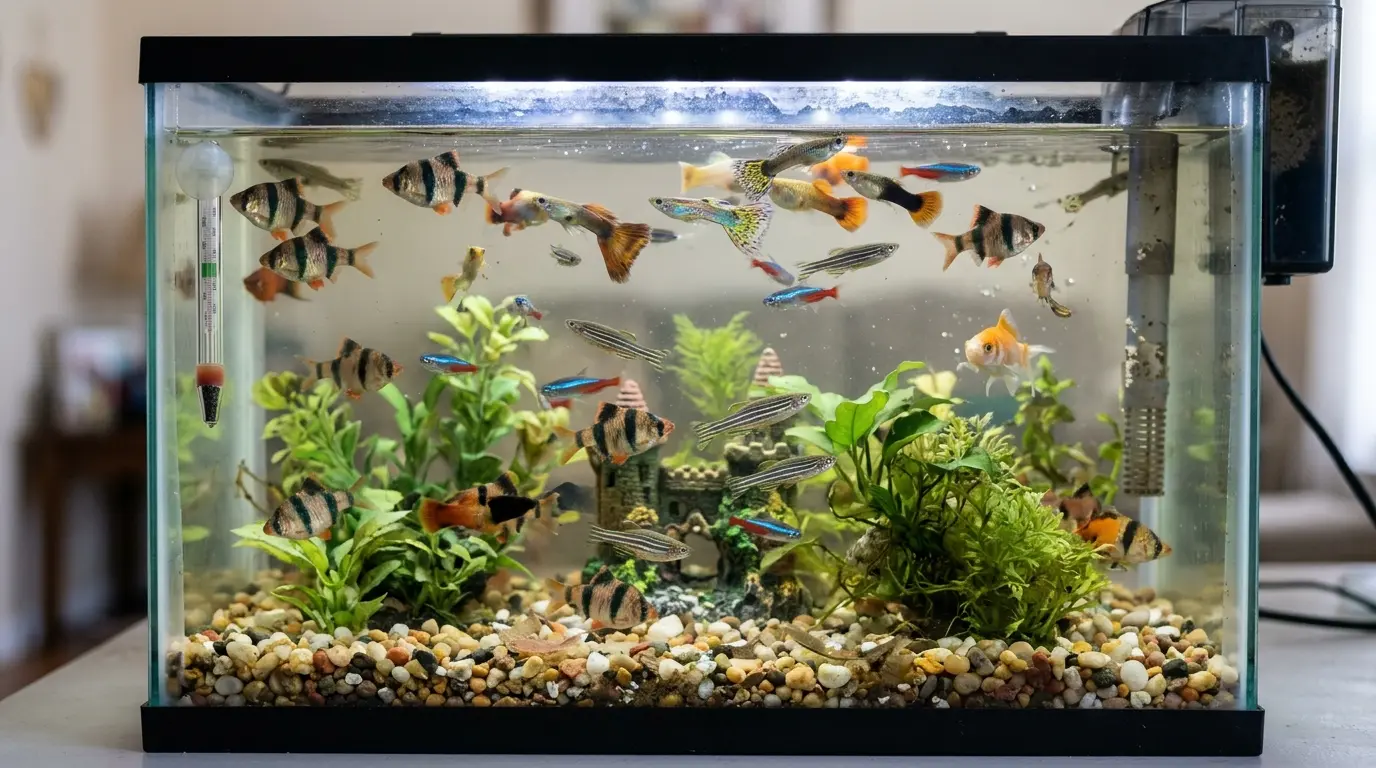 A stressed and overcrowded small aquarium showing poor stocking conditions and limited swimming space.