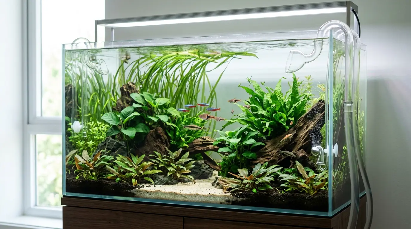 Healthy planted aquarium with balanced lighting, stable CO2, even circulation, clean equipment, and healthy plants.
