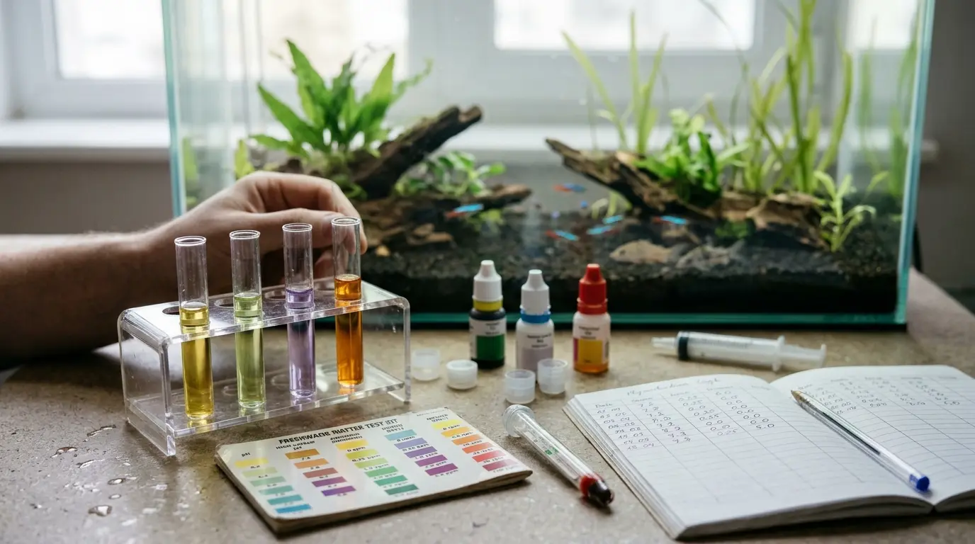 Aquarist testing ammonia, nitrite, nitrate, pH, and temperature in a cycling freshwater aquarium.