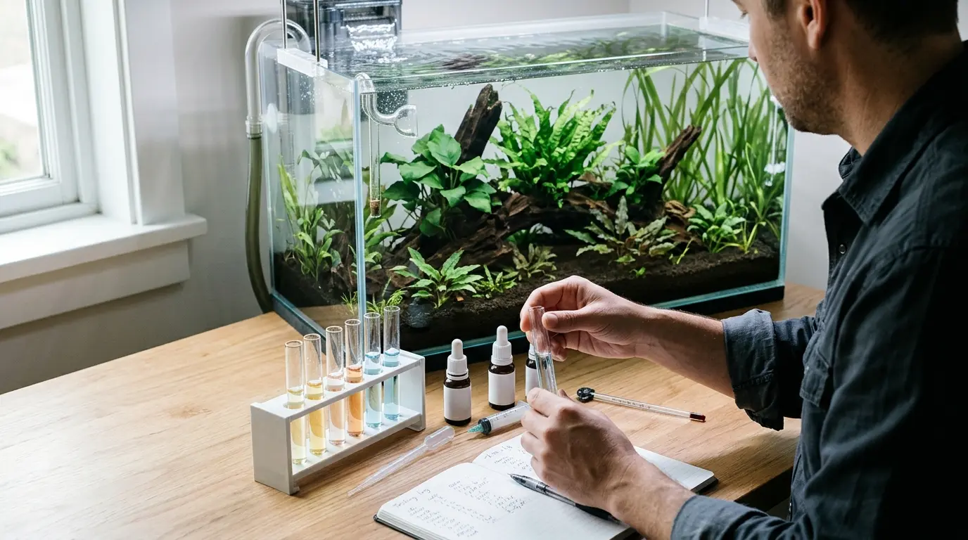 Aquarist testing ammonia, nitrite, nitrate, pH, and temperature before stocking a newly cycled aquarium.