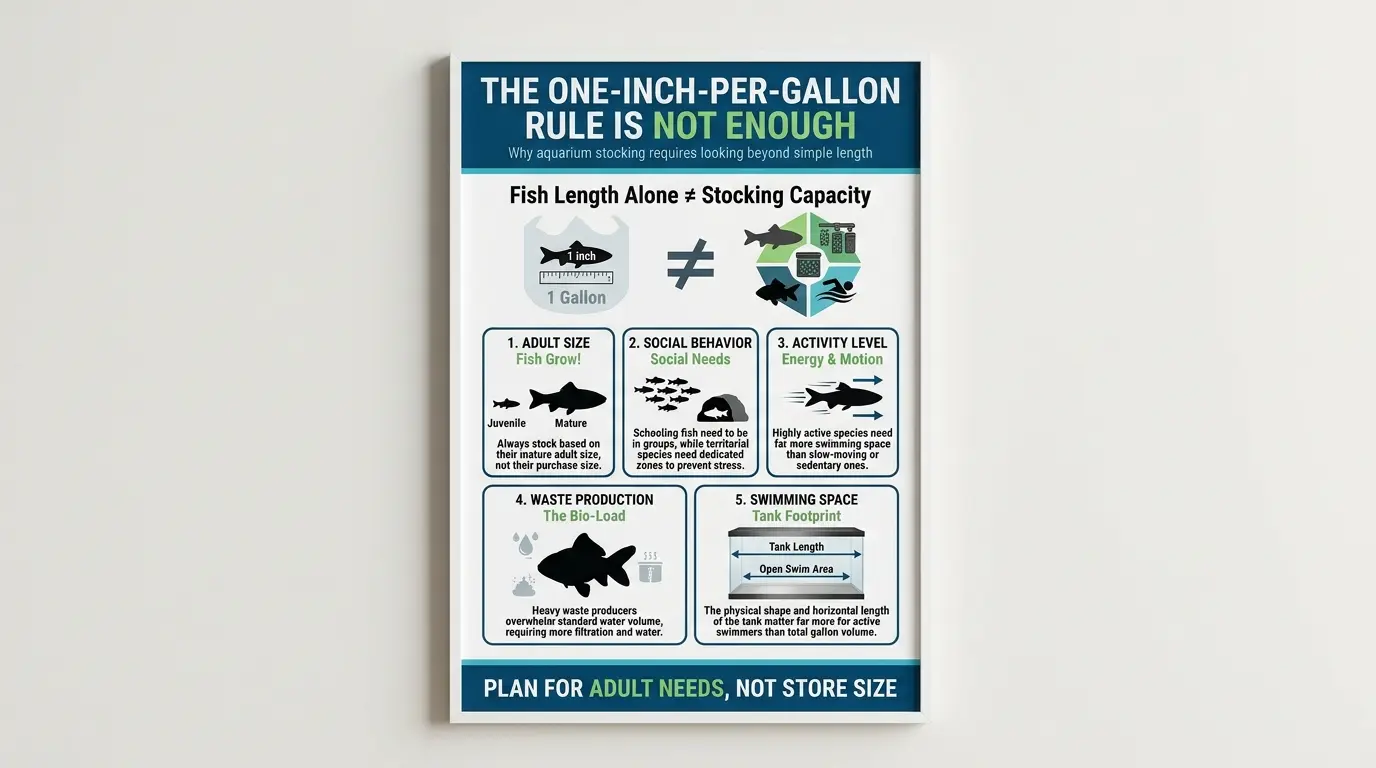 Educational aquarium comparison showing why fish size alone cannot determine safe aquarium stocking.