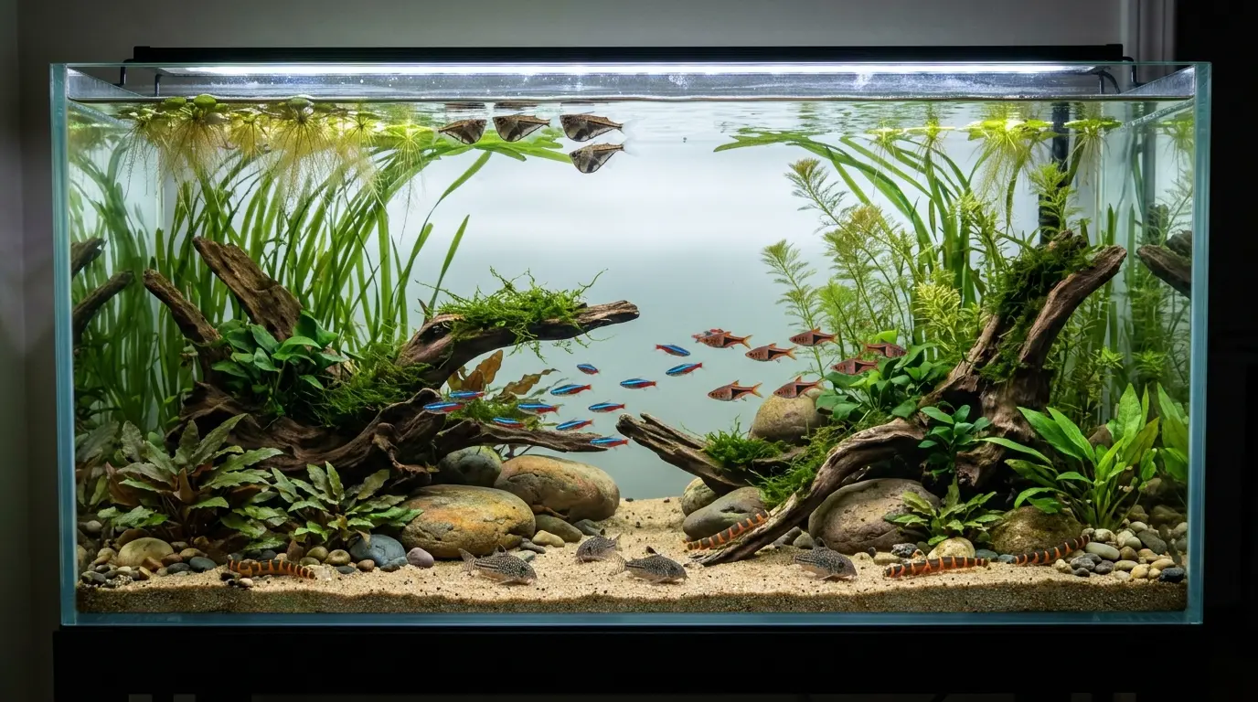 55-gallon community aquarium showing fish naturally occupying top, middle, and bottom swimming levels.
