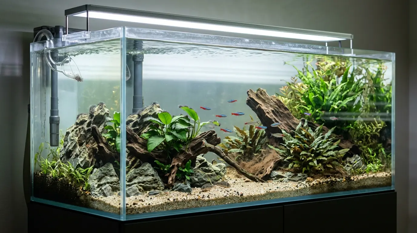 Planted aquarium showing algae-prone areas around equipment, plants, driftwood, and areas with uneven circulation.