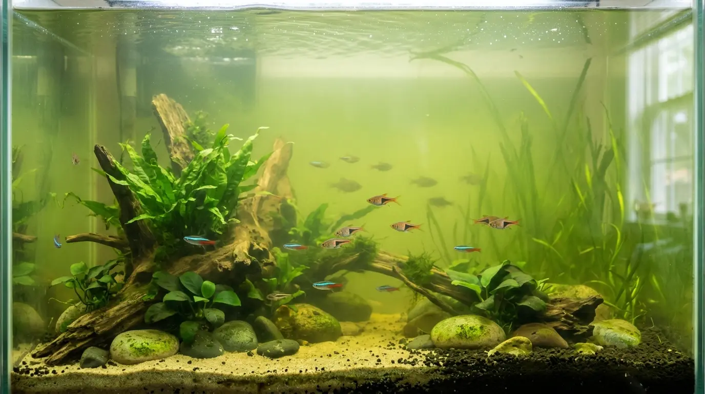 Microscopic free-floating algae creating cloudy green water throughout a freshwater aquarium.