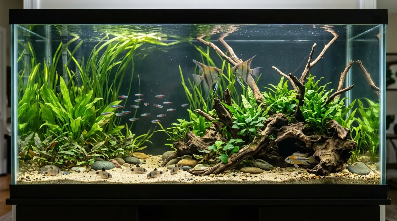 55-gallon aquarium illustrating how fish size, swimming level, territory, and body shape affect stocking capacity.