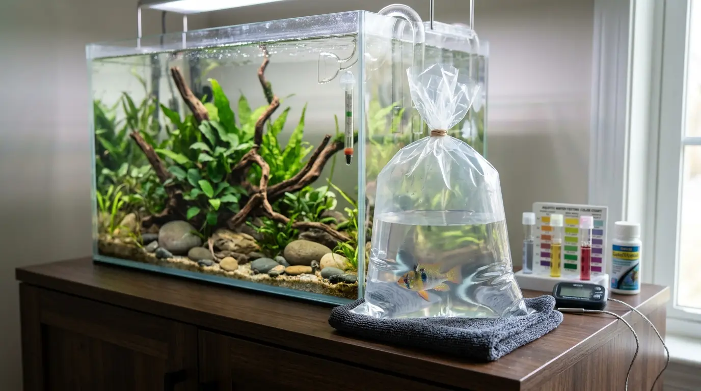 New fish transitioning from transport water to a prepared aquarium with temperature and water chemistry differences carefully managed.