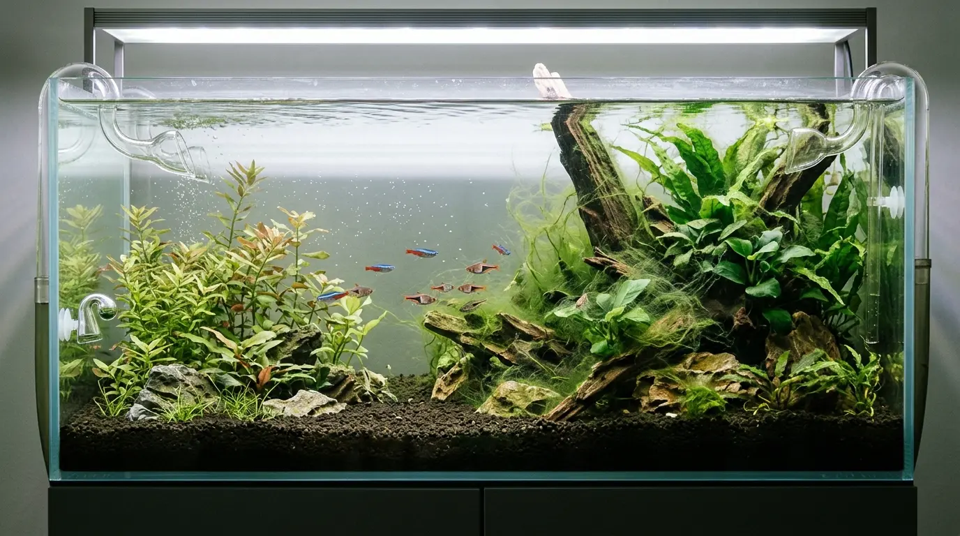 Planted aquarium showing excessive light, uneven circulation, plant growth, and algae growth factors.