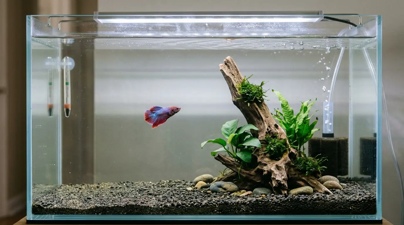 Close-up view of a small 5-gallon aquarium showing clean water, biological filtration, substrate, and aquatic plants.