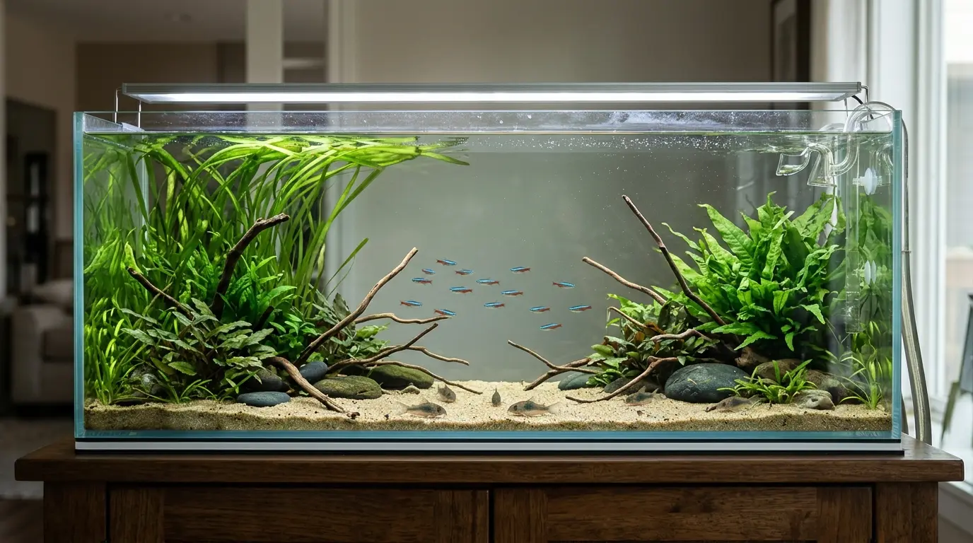 20-gallon long aquarium providing greater horizontal swimming space for schooling freshwater fish.